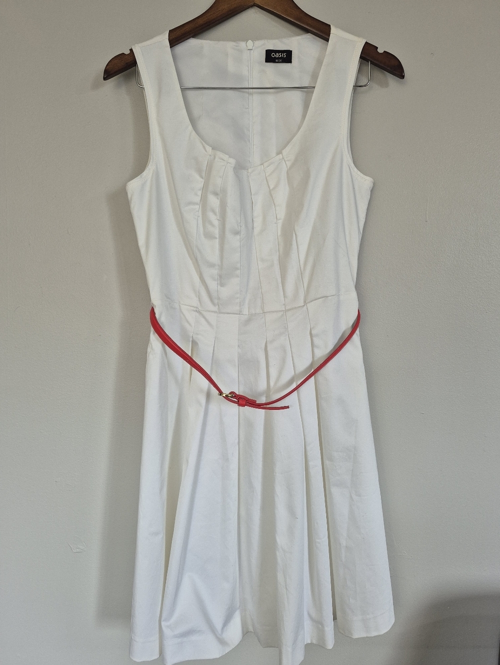 Oasis White Cotton Sleeveless Dress Accordian Pleats Red Belt Lined Size 10 - Picture 10 of 11